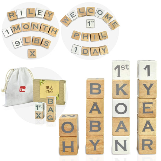 I'm Solid Wood Baby ABC Alphabet Milestone Age Blocks, Personalized Own Name, Gender Neutral, Newborn Gifts & Keepsakes for Picture Props (1.4" / 16 Pcs/Grey)