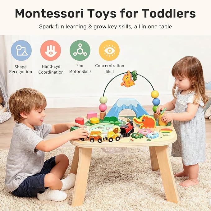 wingyz Activity Table for 1 Year Old Toddler, 9-in-1 Multi-Colorful Wooden Montessori Toys, Baby Play Table with Bead Maze Shape Sorter Train Toy, Educational Gifts for Kids Boys Girls