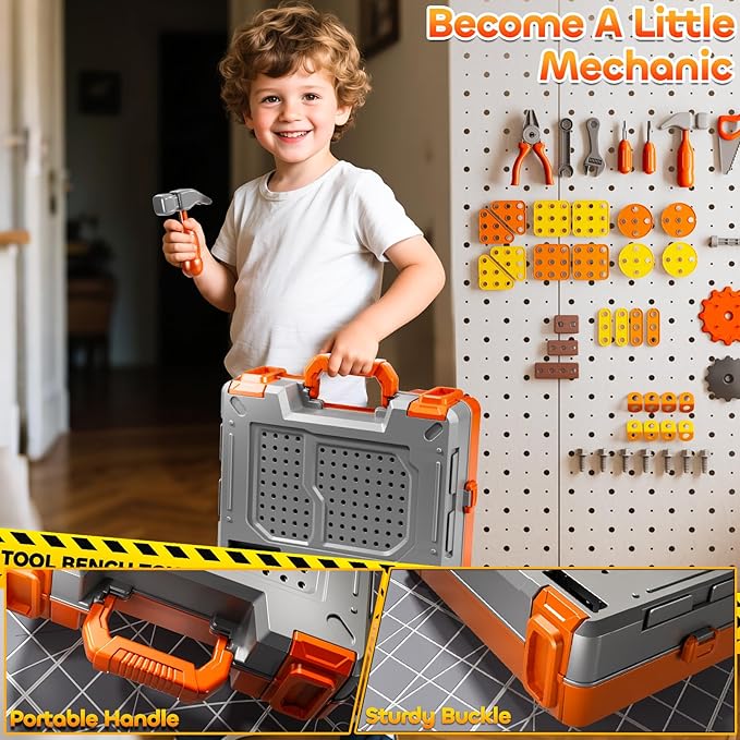 Kids Tools Toy Sets for Aged 3 4 5 6 7 8, 2 in 1 Workbench Toys for Toddlers 3-5, Pretend Play Toolbox, Construction Mechanic Set with Sound, Educational Birthday Gift for Boys Girls Ages 3-8