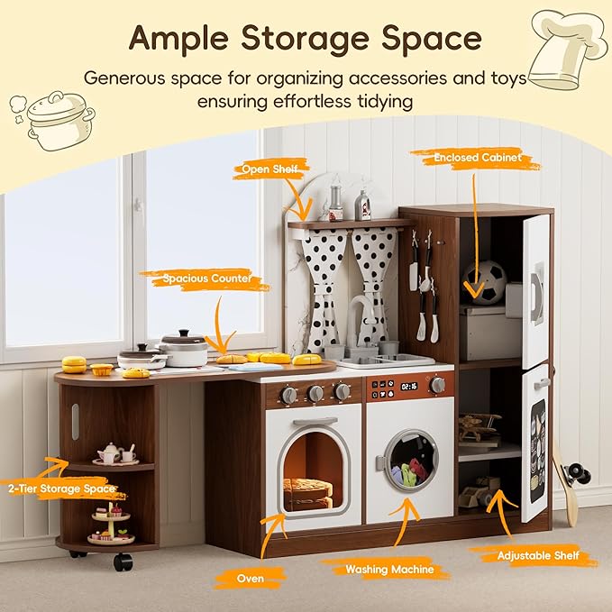 Wooden Play Kitchen with 180 Degree Rotation, Interactive Kids Corner Toy Kitchen Playset with Lights & Sounds, Toddler Kitchen Play Set with Realistic Accessories for Girls Boys Ages 3+, Brown