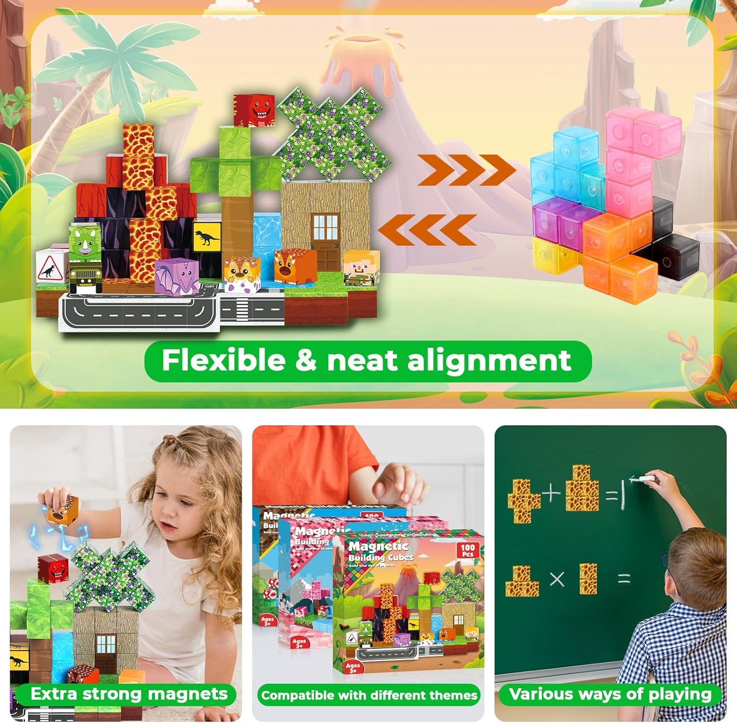 Goody King Dinosaur Volcano Magnetic Block World |100PCS Dinosaur Magnetic Block Cubes,STEM Montessori Sensory Toys for Toddlers Kids Boys Girls Ages 3-5 6-8 Christmas Birthday Gifts