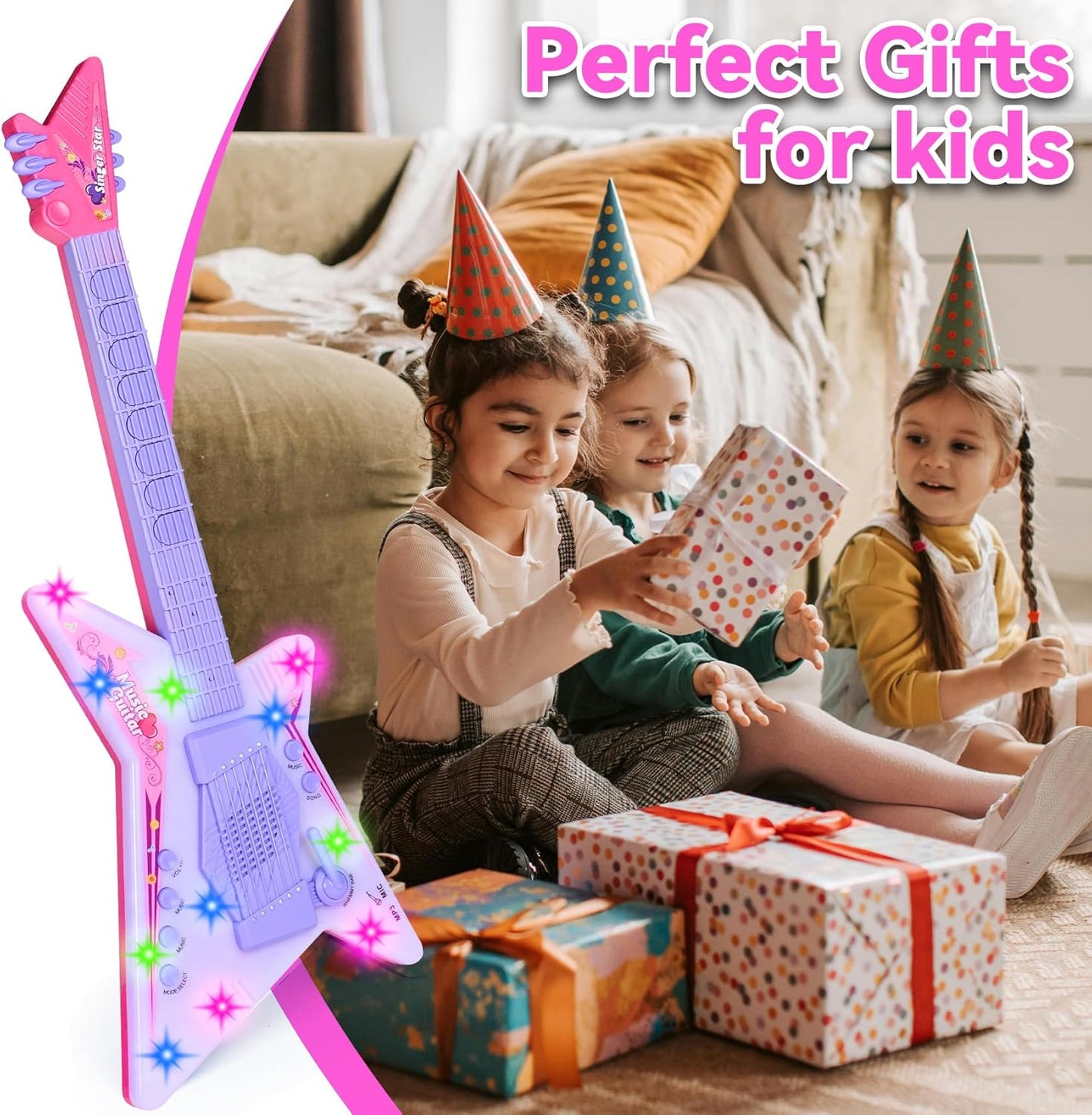 Guitar and Microphone Play Set with Glasses,Music Toys with Music&Light,Kids Karaoke Machine,Music Instruments for Toddlers,Girls,Perschool Educational Toys Gift for Children