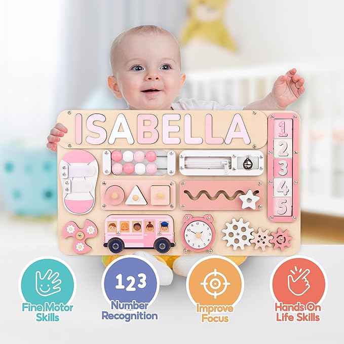 Personalized Large Busy Board for Toddlers - Montessori Busy Board - Montessori Toys for 1 Year Old Baby Boys Girls - Sensory Toys for Toddlers 1-3 - Peronalized Baby Gift