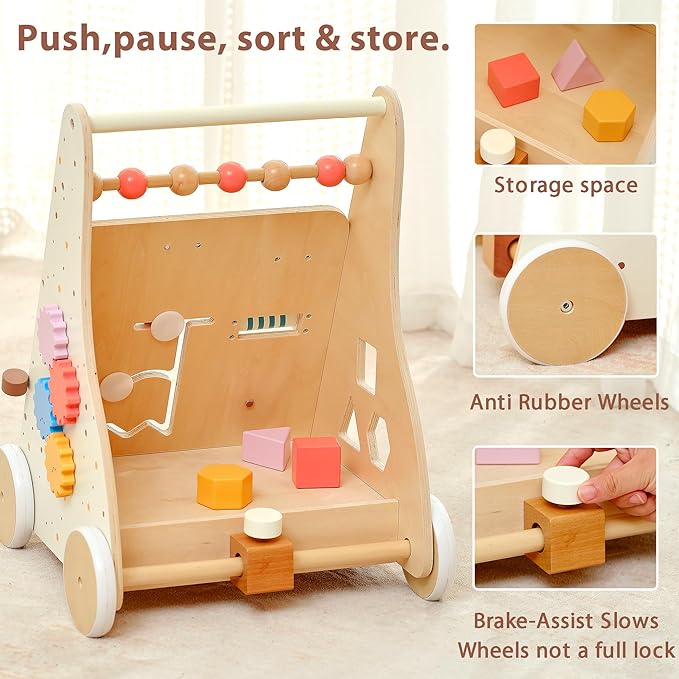Wooden Baby Walker, Baby Push Walker, Montessori Activity Center Push Toy, Ajustable Speed Baby Walker with Wheels for Toddlers Learning to Walk 12m+