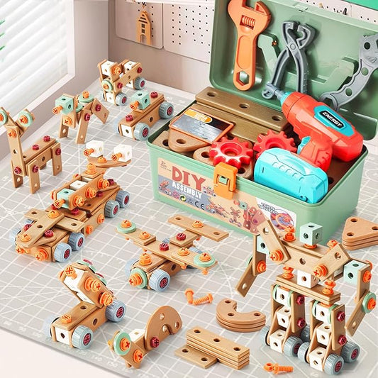 Kids Tool Set with Drill,155Pcs Toddler Tool Set with Toolbox,STEM Montessori Toys for 3 4 5 Year Old,Pretend Play Kid Toy,Educational Construction Toy for 3-5 Year Old Boy Girl,Birthday Gift for Kids