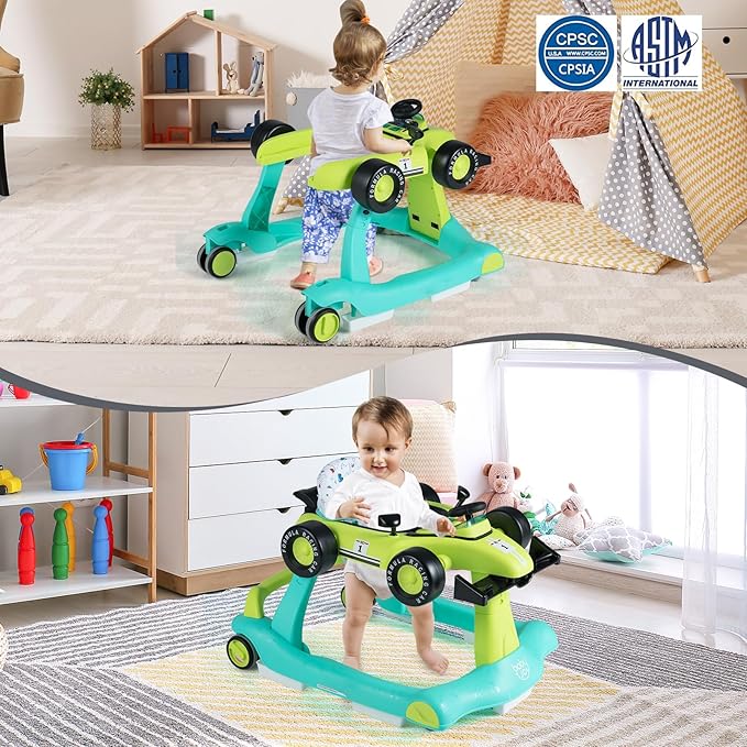 BABY JOY 4-in-1 Baby Walker, Foldable Activity Walker with Adjustable Height & Speed, Music, Lights, Anti-Rollover, Toddler Push Walker, Baby Walker with Wheels for Boys Girls 6-18 Months (Green)