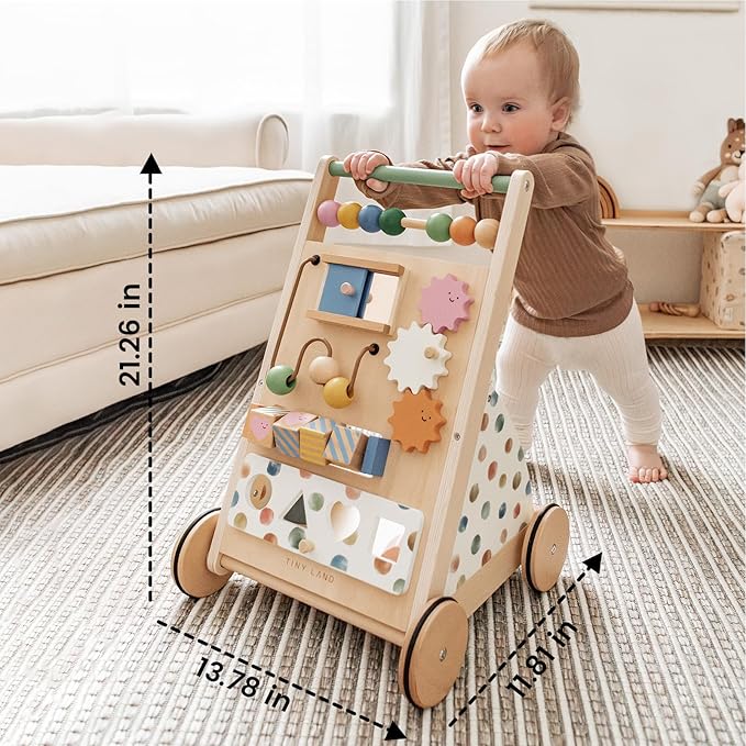 Tiny Land Wooden Baby Walker, Adjustable Speed Baby Push Walker for Boys and Girls, Montessori Activity Center Push Toy for Kids' Development, Ideal Christmas Gift for Toddlers (Morandi)