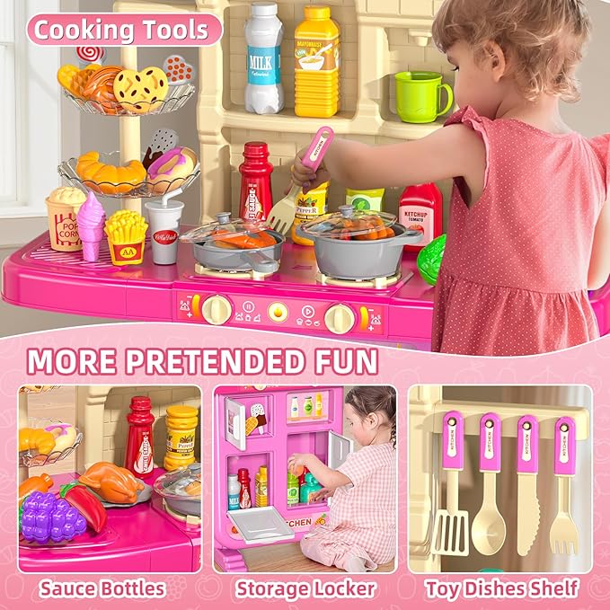 Play Kitchen Playset, Girls Kitchen Toys for Ages 2-6 4-8 with Light, Sound and Spraying, Sink Toy Accessories, Cooking Stoves, Pretend Food for Toddlers 1-3 3-5