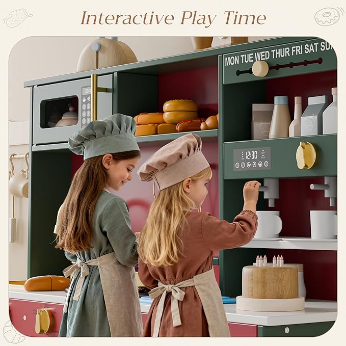 Play Kitchen Set, Kids Kitchen Playset with 21 Fun Accessories, Toy Kitchen Set with Realistic Appliances, Smart Storage, Wooden Play Kitchen for Kids, Gift for Ages 3+ (Green & Red)