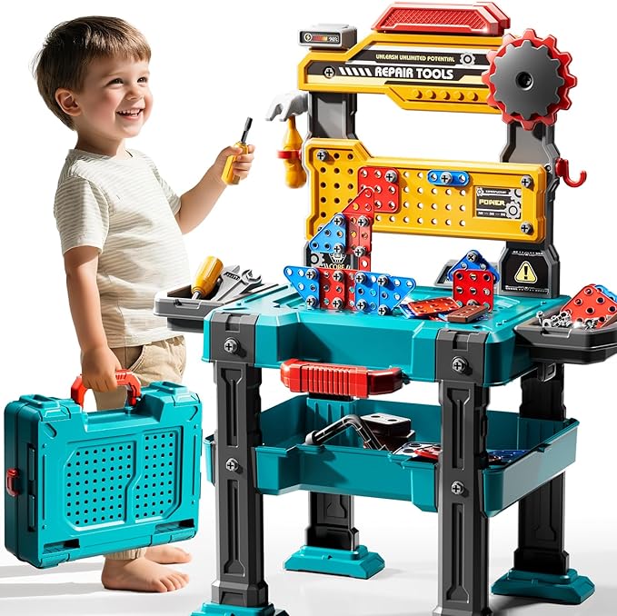 Kids Tools Toy Sets for Aged 3 4 5 6 7 8, 2 in 1 Workbench Toys for Toddlers 3-5, Pretend Play Toolbox, Construction Mechanic Set with Sound, Educational Birthday Gift for Boys Girls Ages 3-8