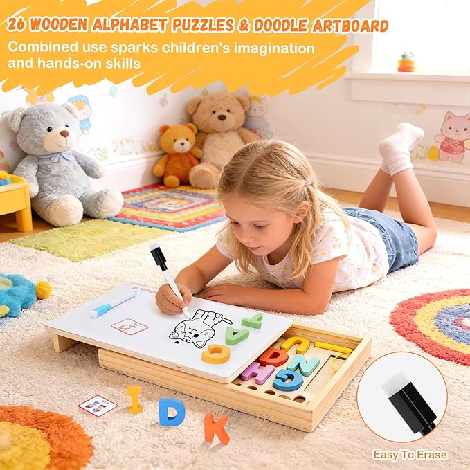 4 in 1 Wooden Montessori Toys with Storage Box for 3-5 Year Old- Magnetic Color and Number Maze, Alphabet Puzzles, Drawing Board, Toddlers Educational Learning Toy Gift for Kids Boys Girls