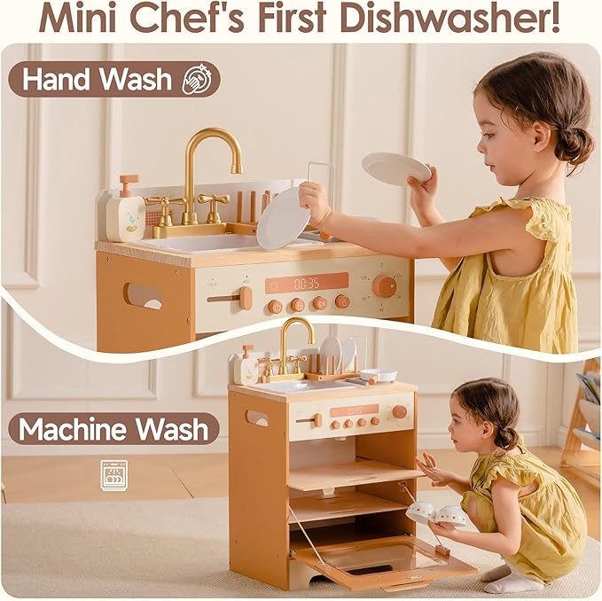ROBOTIME Wooden Toy Dishwasher Sink – Caramel Pretend Kitchen Toy with Gold Faucet, Turning Knobs, Dish Rack, Plates, Bowls, Cups – Montessori Wooden Play Kitchen for Girls Ages 3+