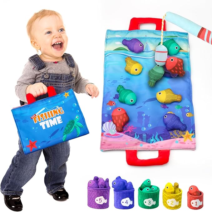 Montessori Toys for 1 Year Old - Cloth Fishing Game with Stacking Cups, Color Sorting & Number Learning Toys for Toddlers 1-3, 1 Year Old Boys & Girls Gifts