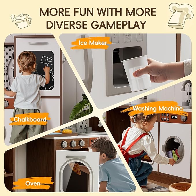 Wooden Play Kitchen with 180 Degree Rotation, Interactive Kids Corner Toy Kitchen Playset with Lights & Sounds, Toddler Kitchen Play Set with Realistic Accessories for Girls Boys Ages 3+, Brown