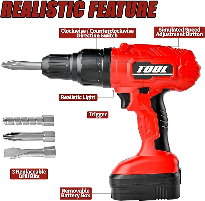 Toy Choi's Toy Drill Set - Electric Pretend Play Tool with Realistic Sound & Action, Construction Toy Tools for Kids Ages 3-5 with Toddler Drill Screw Set (Red)