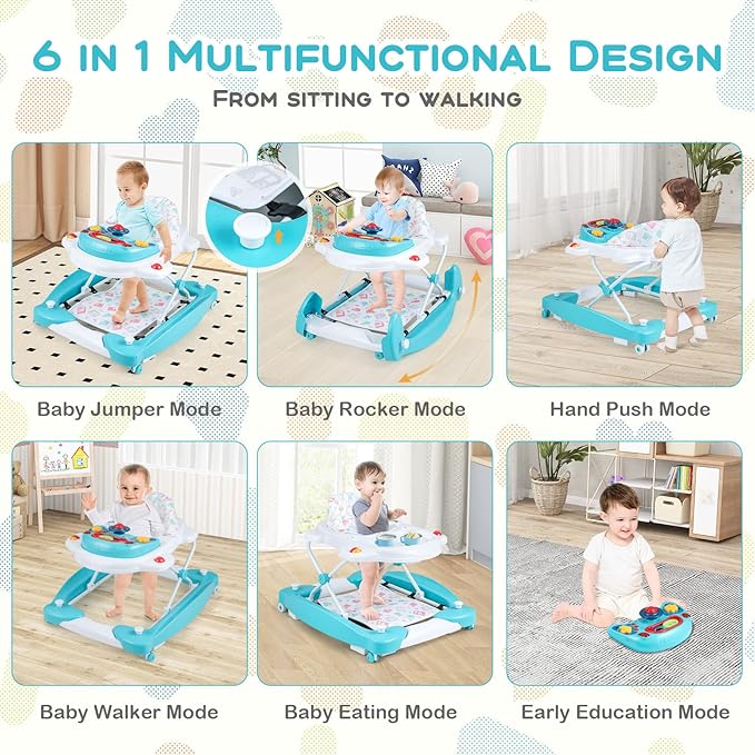 BABY JOY 6-in-1 Baby Walker, Foldable Baby Walker with Wheels, Adjustable Height, Music, Lights, Bouncer & Rocker Mode, Baby Walkers for Boys Girls 6-14 Months (Green)