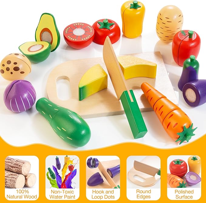 Wooden Play Food Set for Kids Kitchen | Cutting Veggies & Fruits Toy Food Set with Storage Case & Bag, Play Kitchen Accessories, Pretend Play Food for Toddlers 3+