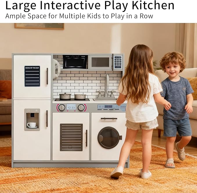 Kids Kitchen Playset with Lights & Sounds, Wooden Play Kitchen with Sink, Washing Machine, Ice Maker & Pretend Play Accessories, Educational Toy Kitchen Set for Toddlers, White