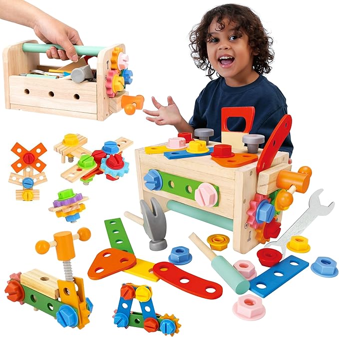 RAISUL Wooden Tool Set for Kids – 35 Pieces Wooden Toddler Tool with Box – Montessori STEM Educational Pretend Play Construction Toy for 3 to 13 Year Old Boys Girls – Best Birthday Gift