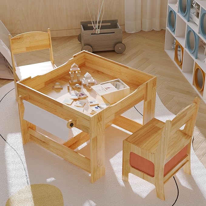 Pinewood Kids Table and Chair Set, 3 in 1 Toddlers Wooden Art Activity Table Desk with Chairs and Storage, Children Removable Tabletop, Blackboard, Natural