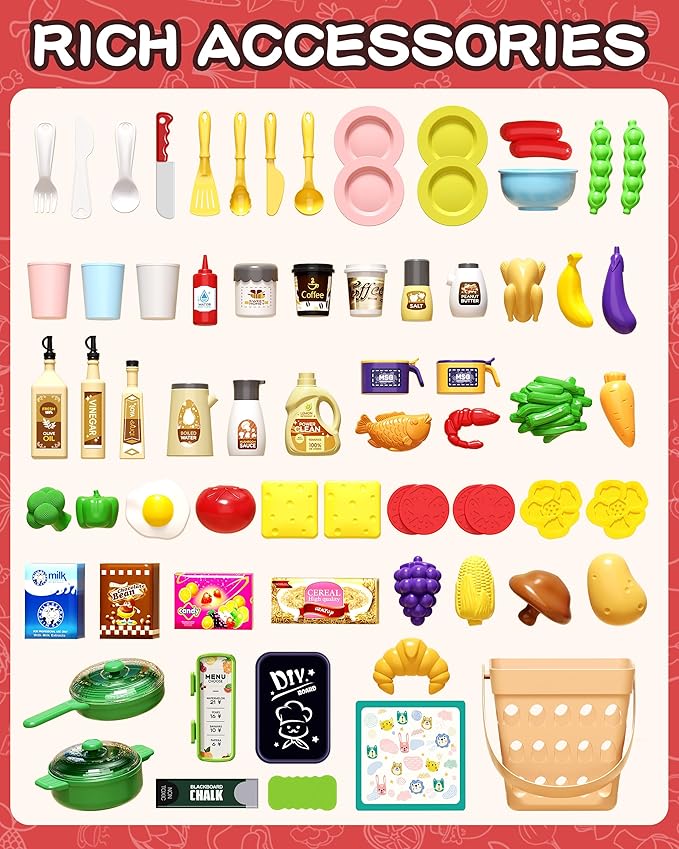 33.8IN - 70PCS Kids Kitchen Playset with Sound & Light - Cooking Stove with Steam, Play Sink and Toy Kitchen Accessories - Pretend Kitchen Play Food Toys for Kids Boys Girls - Toddler Play Kitchen Set