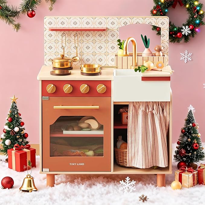 Tiny Land Play Kitchen, Kids Kitchen Playset, Toddler Kitchen with Cutting Food Set, Wooden Kitchen Sets for Kids, Gift for Girls and Boys