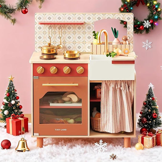 Tiny Land Play Kitchen, Kids Kitchen Playset, Toddler Kitchen with Cutting Food Set, Wooden Kitchen Sets for Kids, Gift for Girls and Boys