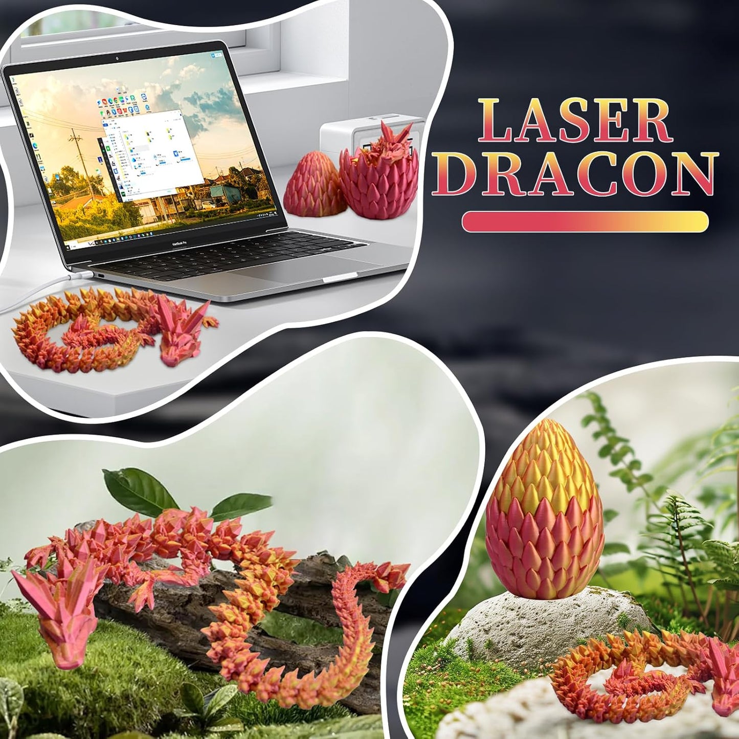3D Printed Dragon Eggs with Dragon Inside Mystery Dragon Egg 3D Printed Articulated Dragon Articulated Dragon with Dragon Egg, Flexible Joints Home Decor Executive Desk Toys (Red & Gold)