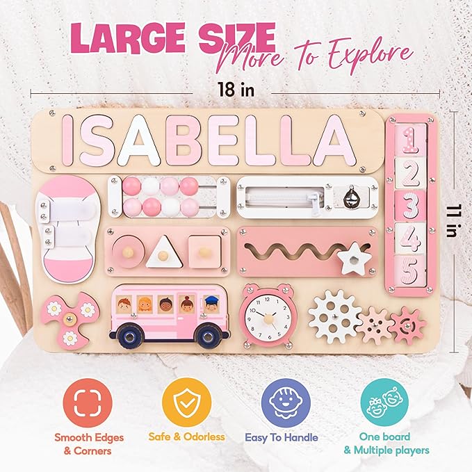 Personalized Large Busy Board for Toddlers - Montessori Busy Board - Montessori Toys for 1 Year Old Baby Boys Girls - Sensory Toys for Toddlers 1-3 - Peronalized Baby Gift