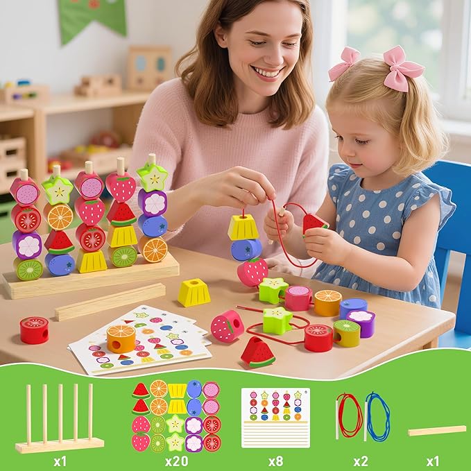 Montessori Toys for 3 4 5 Year Old, Wooden Fruit Toddler Stacking Toys, Stacking Blocks & Lacing Beads & Shape Sorter Toy for Toddler, STEM Preschool Learning Toys for Kids Boys Girls