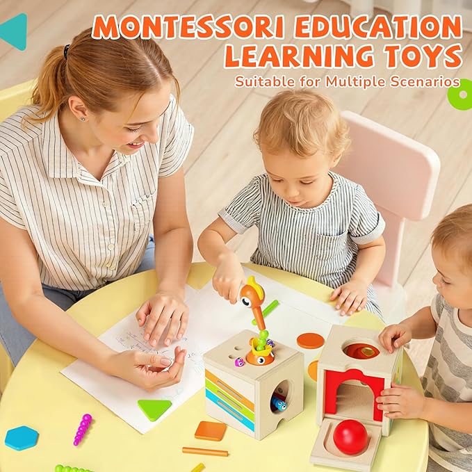 5-in-1 Wooden Activity Cube, Toddlers Montessori Toys for Baby Boys Girls, Baby Activity Center for 2+ Year Old, Woodpecker Worm Toy Magnetic Bird Feeding Game, Educational Color & Shape Sorting Toy