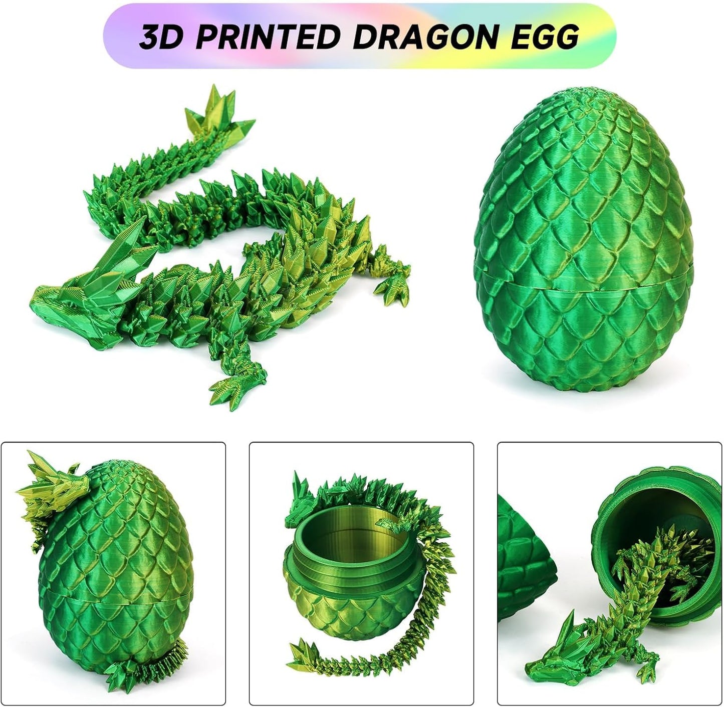 3D Printed Dragon Egg, Dragon Eggs with Dragon Inside, Crystal Articulated Dragon, Mystery Dragon Egg Fidget Toy, 3D Dragon Eggs Surprise Fidget Toy (Laser Yellow Green)