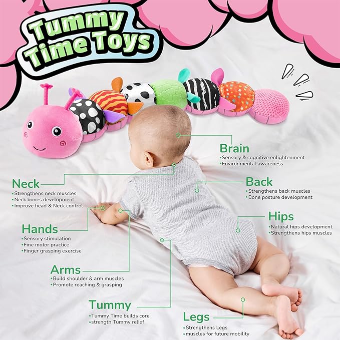 LIGHTDESIRE Baby Toys Musical Caterpillar,Infant Toys Stuffed Animals 3 6 12 Months Sensory Toy with Ruler Design,Crinkle&Ring Bell,Baby Teething Toy for Tummy Time Newborn Boy Girl Gifts (Pink)