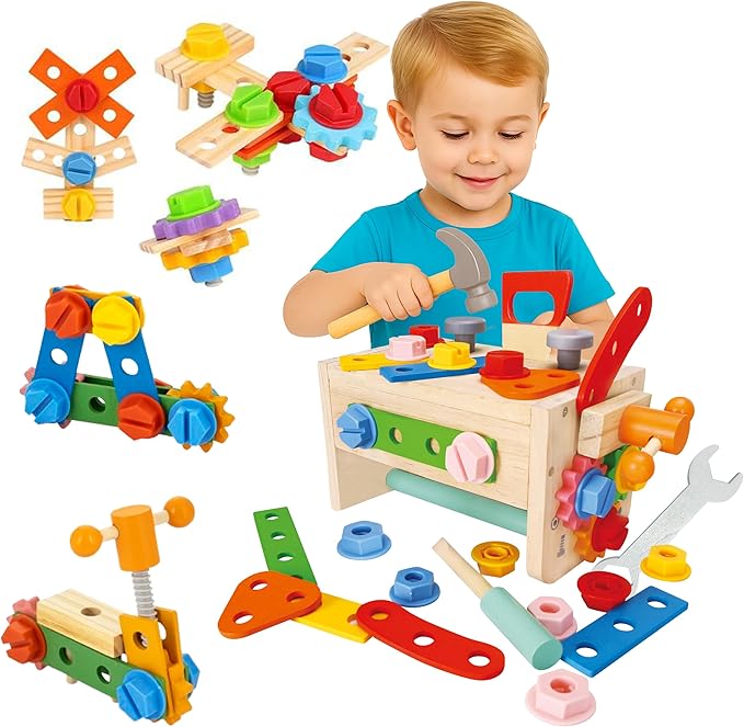 RAISUL Wooden Tool Set for Kids – 35 Pieces Wooden Toddler Tool with Box – Montessori STEM Educational Pretend Play Construction Toy for 3 to 13 Year Old Boys Girls – Best Birthday Gift