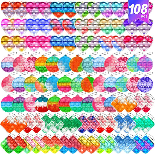 108 PCS Mini Pop Keychain Fidget Toys,3 Shape Pop Fidget Toys Its Party Favors Kids Toys Fidgets Packs Sensory Toys Stress Toys Party Gift,Push Mini Pop Keychain Bulk