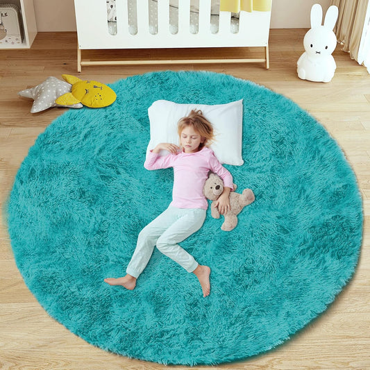 4FT Round Rug for Bedroom: Fluffy Shag Soft Washable Rugs Circle Small Fuzzy Plush Indoor Carpet for Living Room Nursery Playroom Dorm Kids Girls Boys Room (Teal Blue, 4'x4')