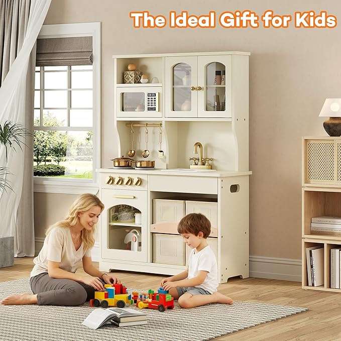 Play Kitchen for Kids, Wooden Toy Kitchen Set with Smart Storage & Accessories, Toddler Kitchen Playset with Stove & Oven, Pretend Play Set, Gift for Ages 3-8, White