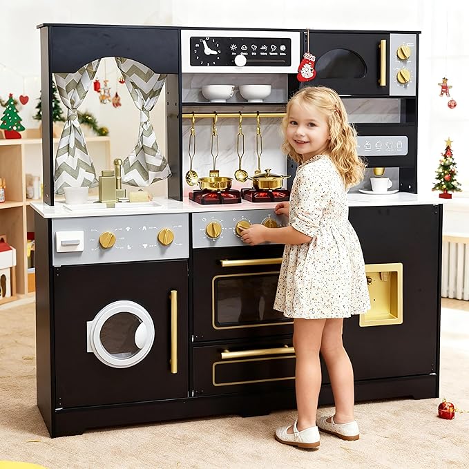 Wooden Play Kitchen with Light & Sound, Toy Sink and Water Dispenser with Runing Water, Large Toddler Kitchen Playset with Washing Machine,Premium Gifts for 3+Years Boys Grils Kids