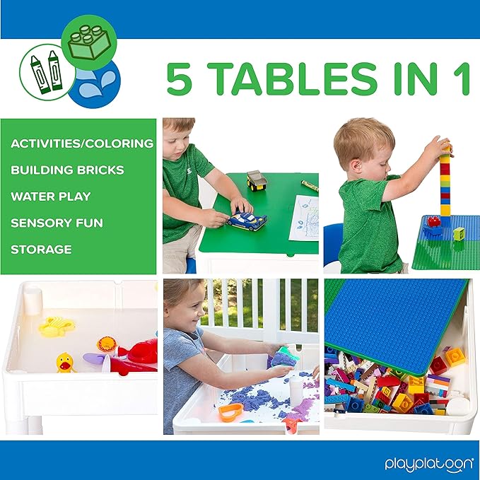 Play Platoon 5 in 1 Kids Activity Table and Chair Set - Building Block, Stem, Craft & Sensory Tables for Toddlers with 2 Chairs & 25 XL Blocks - Blue and Green