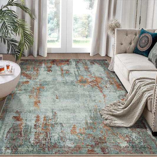5x7 Area Rugs for Living Room Rug Washable: Modern Rug for Dining Room Bedroom Carpet Non Slip Low Pile 5 by 7 Indoor Abstract Nursery Home Office Red Brown