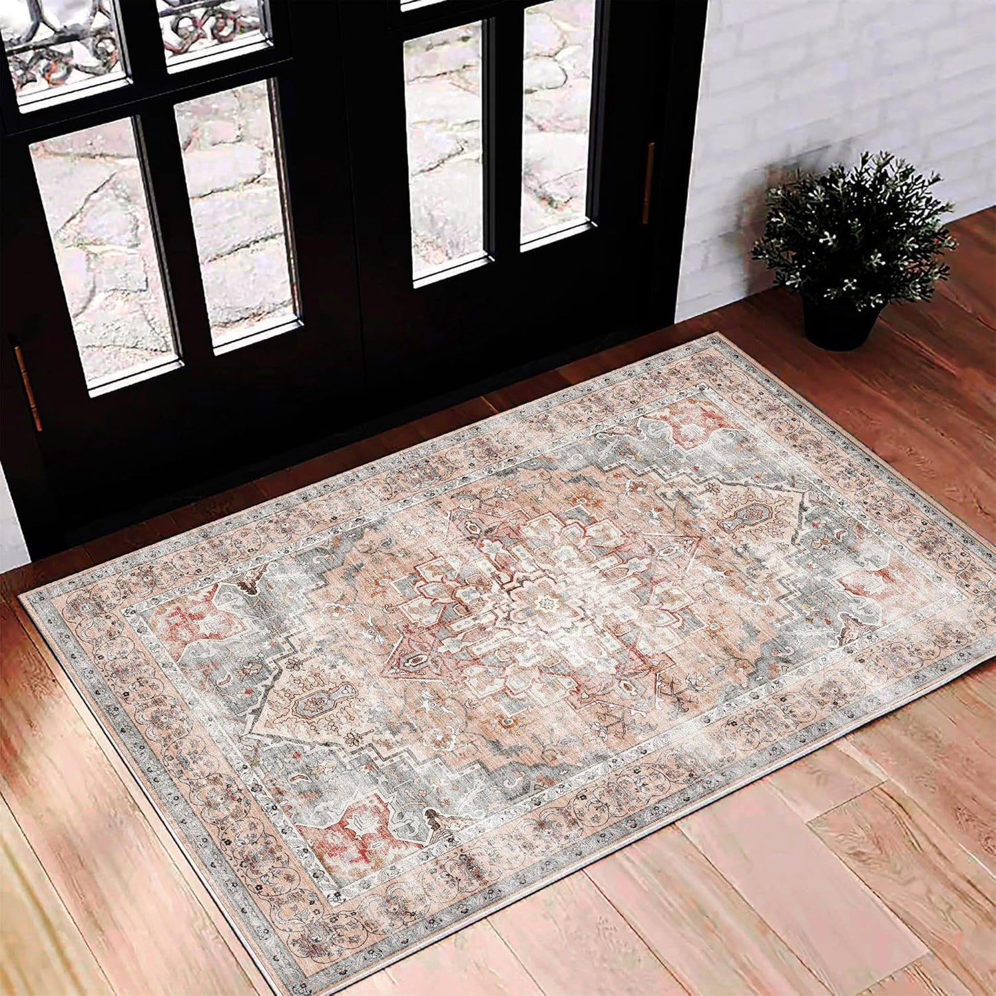 2'x3' Light Cyan and Light red Area Rug Washable Door Mat Vintage Distressed Doormat Indoor Entrance Traditional Thin Floral Print Non Slip Carpet for Kitchen Bathroom Bedroom