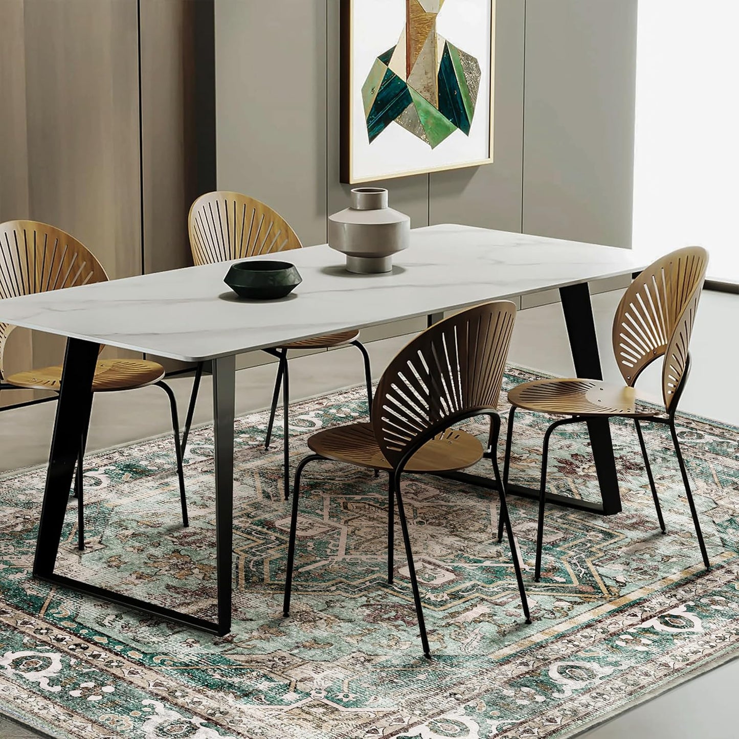 Green Area Rug 9'x12' Washable Vintage Traditional Mat Distressed Indoor Foldable Thin Retro Accent Floral Print Rug Non Slip Carpet for Living Room Dining Room Office