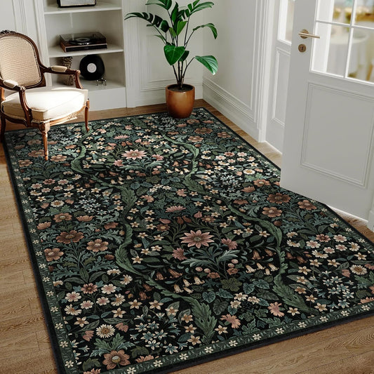 3x5 Black Boho Floral Vintage Area Rug,Soft Lightweight Low Pile Non-Shedding Carpet,Machine Washable Stain Resistant & Non-Slip for Entryway,Bedroom, Kids Room,Living Room