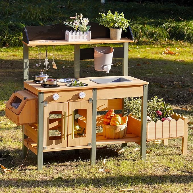 ROBUD Outdoor Mud Kitchen Set for Kids, Wooden Pretend Play Kitchen with Plant Growing Box, Real Faucet, Sink, Kitchen Accessories, Pretend Play for Kids Boys Girls Toys Age 3+