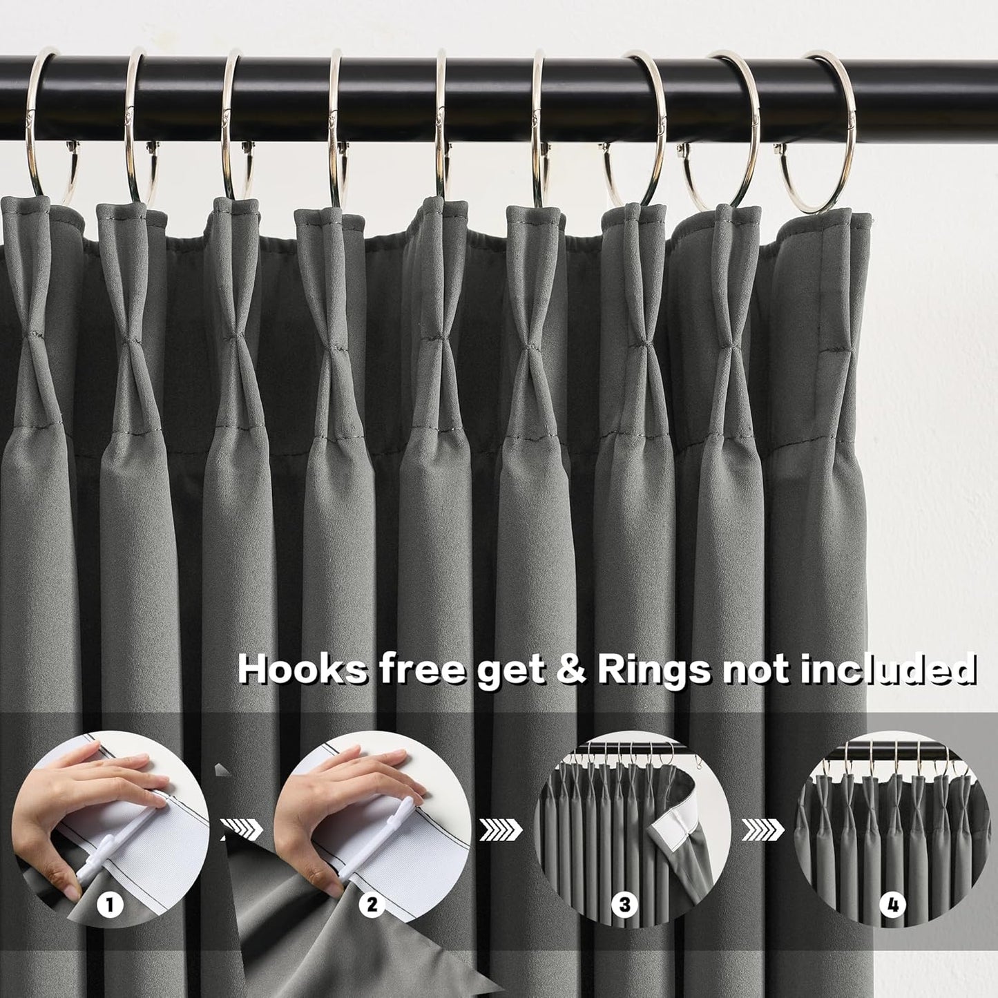 Grey Blackout Curtains 90 Inches Long 2 Panels Set, 60 Inch Wide Pinch Pleated Curtain with Hooks,Thermal Insulated Room Darkening Vertical Window Treatments for Living Room Bedroom 60 x 90