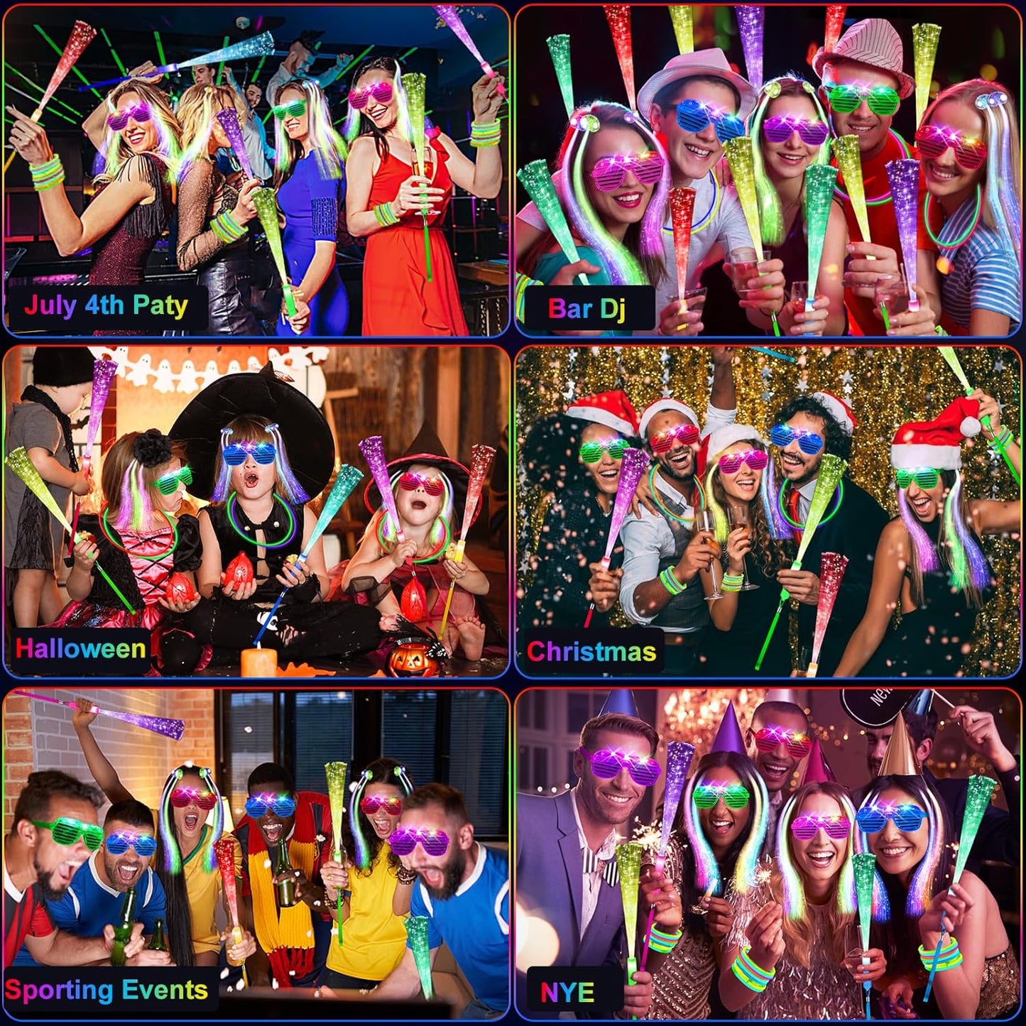 148 PCS Glow in the Dark Party Supplies, 16 PCS Glow Fiber Optic Wands, 14 PCS LED Glasses, 100 PCS Glow Sticks and 18 PCS LED Hair Clips Fiber Optic for Glow Party, Wedding, Concert, Birthday