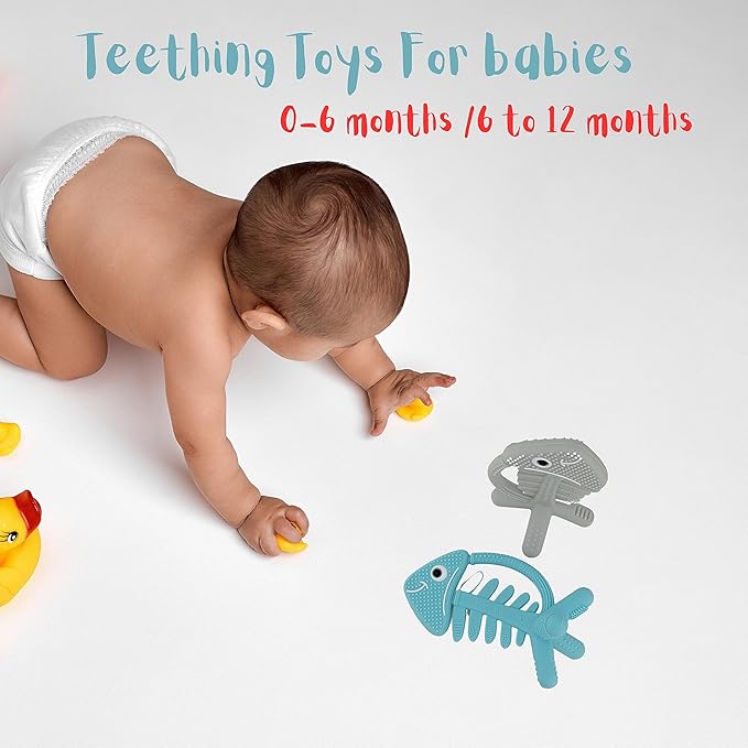3 in 1 Infant Toys, Baby Teething Toys 3–6 6–12 Months, Teethers for Babies 0–3–6–12 Months for Teething Relief, Baby Gift, Baby Teether Toys, Silicone Sensory Toys, USA Patent Pending, Fish Turquise
