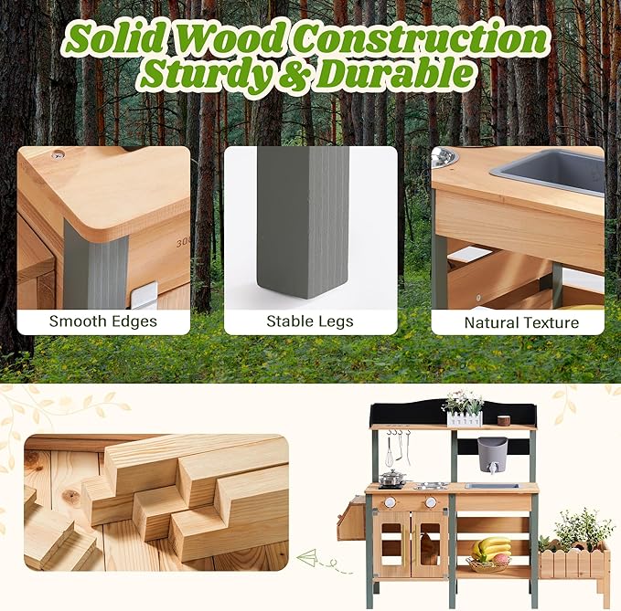ROBUD Outdoor Mud Kitchen Set for Kids, Wooden Pretend Play Kitchen with Plant Growing Box, Real Faucet, Sink, Kitchen Accessories, Pretend Play for Kids Boys Girls Toys Age 3+