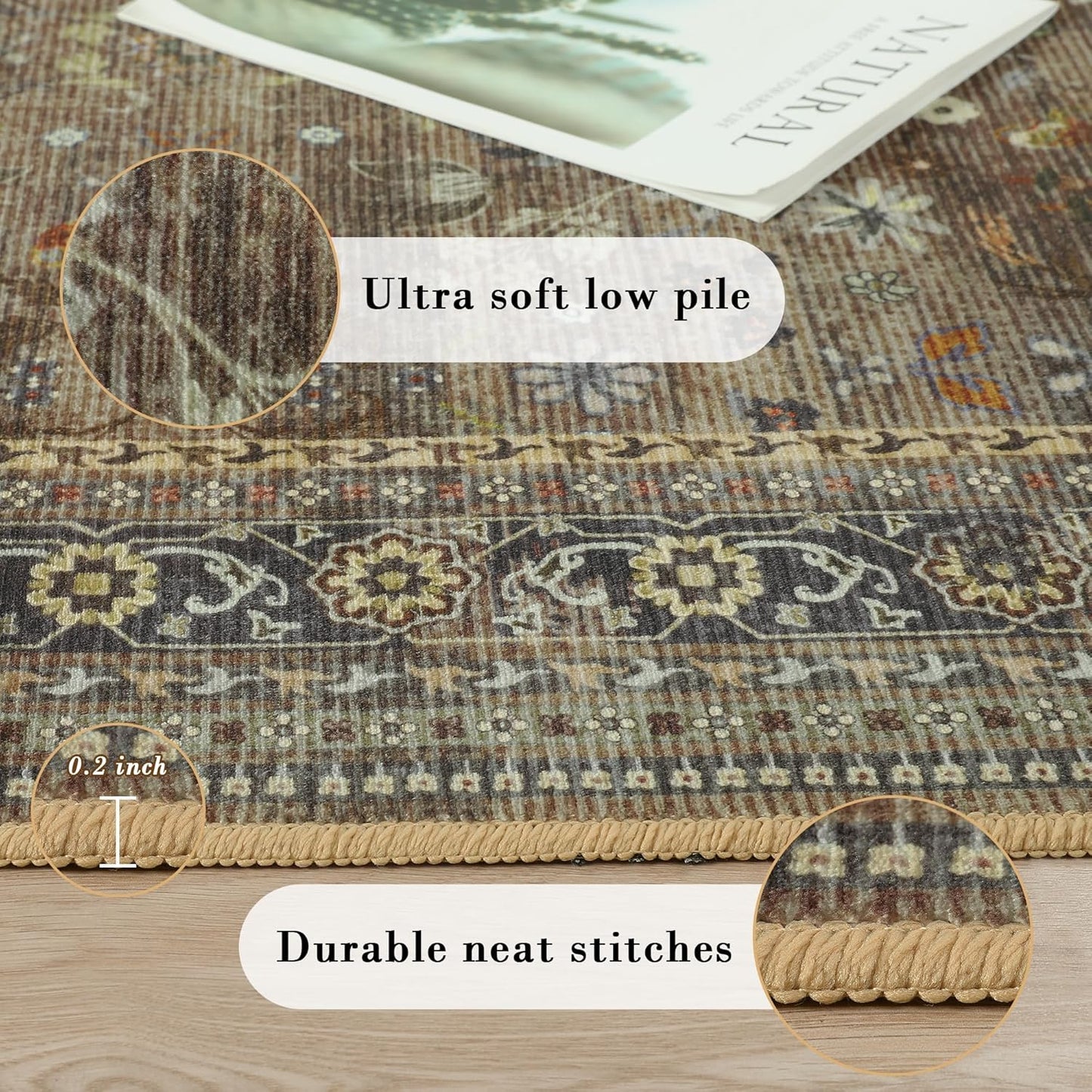 2x6 Washable Kitchen Runner Rug for Hallways, Non Slip Laundry Runners for Bathroom, Low Pile Rubber Backed Rugs for Entryway, Vintage Floral Carpet for Living Room Bedroom Brown/Yellow