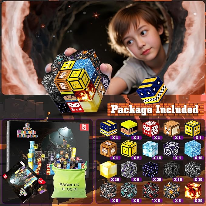 150PCS Magnetic Blocks-Magnetic Building Blocks Magnet Toys Set Stacking Cave World with Magnet Construction Toys STEM Sensory Gift for Kids Toddlers Boys & Girls Birthday Gifts Ages 3+